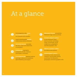 At a glance
4
1 6
7
8
9
2
3
4
5
Full integration into Loop,
our research network
for scientists and scholars.
Freely downloadable ebooks
of the entire article collection.
Overview section: provides
the title, scope and objectives
in one place.
Articles tab: highlights
published articles, abstract
and impact summary.
Contributors tab: features authors
and topic editors for maximum
discoverability and impact.
Discussion Forum around this
Research Topic and its articles.
Powerful impact metrics
on the Research Topic
and its articles, including
views, downloads, social
media buzz, geographic
and demographic info.
Online academic profiles
for editors and authors.
Article impact metrics
including views, downloads,
citations, social media shares,
social buzz via Altmetric,
geographic and demographic info.
 