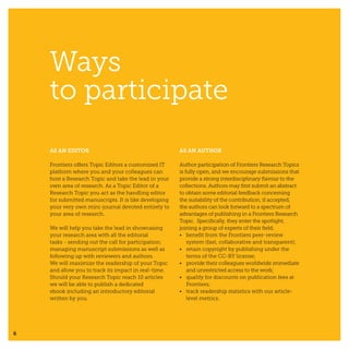 6
AS AN EDITOR
Frontiers offers Topic Editors a customized IT
platform where you and your colleagues can
host a Research Topic and take the lead in your
own area of research. As a Topic Editor of a
Research Topic you act as the handling editor
for submitted manuscripts. It is like developing
your very own mini-journal devoted entirely to
your area of research.
We will help you take the lead in showcasing
your research area with all the editorial
tasks - sending out the call for participation;
managing manuscript submissions as well as
following up with reviewers and authors.
We will maximize the readership of your Topic
and allow you to track its impact in real-time.
Should your Research Topic reach 10 articles
we will be able to publish a dedicated
ebook including an introductory editorial
written by you.
AS AN AUTHOR
Author participation of Frontiers Research Topics
is fully open, and we encourage submissions that
provide a strong interdisciplinary flavour to the
collections. Authors may first submit an abstract
to obtain some editorial feedback concerning
the suitability of the contribution; if accepted,
the authors can look forward to a spectrum of
advantages of publishing in a Frontiers Research
Topic. Specifically, they enter the spotlight,
joining a group of experts of their field;
•	 benefit from the Frontiers peer-review
system (fast, collaborative and transparent);
•	 retain copyright by publishing under the
terms of the CC-BY license;
•	 provide their colleagues worldwide immediate
and unrestricted access to the work;
•	 qualify for discounts on publication fees at
Frontiers;
•	 track readership statistics with our article-
level metrics.
Ways
to participate
 