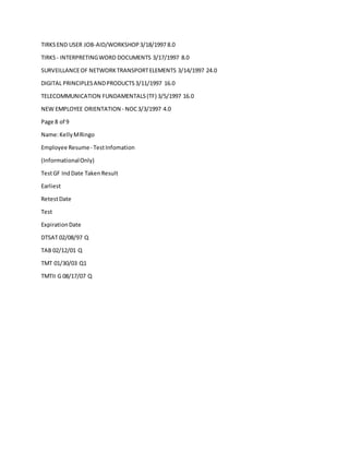 TIRKSEND USER JOB-AID/WORKSHOP3/18/1997 8.0
TIRKS- INTERPRETINGWORD DOCUMENTS 3/17/1997 8.0
SURVEILLANCEOF NETWORKTRANSPORTELEMENTS 3/14/1997 24.0
DIGITAL PRINCIPLESANDPRODUCTS3/11/1997 16.0
TELECOMMUNICATION FUNDAMENTALS(TF) 3/5/1997 16.0
NEW EMPLOYEE ORIENTATION - NOC3/3/1997 4.0
Page 8 of 9
Name:KellyMRingo
Employee Resume- TestInfomation
(InformationalOnly)
TestGF IndDate TakenResult
Earliest
RetestDate
Test
ExpirationDate
DTSAT 02/08/97 Q
TAB 02/12/01 Q
TMT 01/30/03 Q1
TMTII G 08/17/07 Q
 