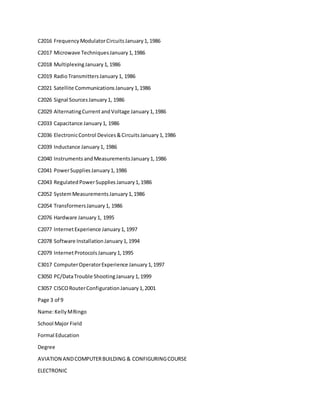 C2016 Frequency ModulatorCircuitsJanuary1,1986
C2017 Microwave TechniquesJanuary1,1986
C2018 MultiplexingJanuary1,1986
C2019 RadioTransmittersJanuary1, 1986
C2021 Satellite CommunicationsJanuary1,1986
C2026 Signal SourcesJanuary1, 1986
C2029 AlternatingCurrent andVoltage January1,1986
C2033 Capacitance January1, 1986
C2036 ElectronicControl Devices&CircuitsJanuary1,1986
C2039 Inductance January1, 1986
C2040 Instruments andMeasurementsJanuary1,1986
C2041 PowerSuppliesJanuary1,1986
C2043 RegulatedPowerSuppliesJanuary1,1986
C2052 SystemMeasurementsJanuary1,1986
C2054 TransformersJanuary1, 1986
C2076 Hardware January1, 1995
C2077 InternetExperience January1,1997
C2078 Software InstallationJanuary1,1994
C2079 InternetProtocolsJanuary1,1995
C3017 ComputerOperatorExperience January1,1997
C3050 PC/DataTrouble ShootingJanuary1,1999
C3057 CISCORouterConfigurationJanuary1,2001
Page 3 of 9
Name:KellyMRingo
School Major Field
Formal Education
Degree
AVIATION ANDCOMPUTERBUILDING & CONFIGURINGCOURSE
ELECTRONIC
 