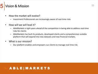 A B L E | M A R K E T S
• How the market will evolve?
– Investment Professionals are increasingly aware of real-time risks
• How will we will lead it?
– AbleMarkets is light years ahead of the competition in being able to address real-time
risks for clients
– AbleMarkets has built its products, developed clients and a comprehensive scalable
platform that will expand into new datasets and new financial markets.
• What is our mission?
– Our platform enables and empowers our clients to manage real-time risk.
11Vision & Mission5
 