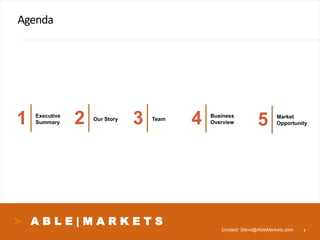 A B L E | M A R K E T S
Agenda
2
1 Executive
Summary 2 Our Story
3 Team
4 Business
Overview
Contact: Steve@AbleMarkets.com
5 Market
Opportunity
 