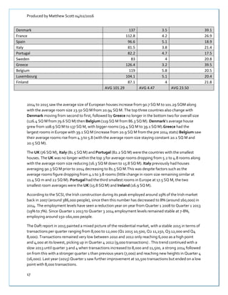 Produced by Matthew Scott 04/02/2016
17
Denmark 137 3.5 39.1
France 112.8 4.2 26.9
Spain 96.6 5.1 18.9
Italy 81.5 3.8 21.4
Portugal 82.2 4.7 17.5
Sweden 83 4 20.8
Greece 126.4 3.2 39.5
Belgium 119 5.8 20.5
Luxembourg 104.1 5.1 20.4
Finland 87.1 4 21.8
AVG 101.29 AVG 4.47 AVG 23.50
2014 to 2015 saw the average size of European houses increase from 90.7 SQ M to 101.29 SQM along
with the average room size 23.50 SQ M from 20.94 SQ M. The top three countries also change with
Denmark moving from second to first, followed by Greece no longer in the bottom two for overall size
(126.4 SQ M from 79.6 SQ M) then Belgium (119 SQ M from 86.3 SQ M). Denmark’s average house
grew from 108.9 SQ M to 137 SQ M, with bigger rooms (29.4 SQ M to 39.1 SQ M).Greece had the
largest rooms in Europe with 39.1 SQ M (increase from 20.9 SQ M from the pre 2014 stats) Belgium saw
their average rooms rise from 4.3 to 5.8 (with the average room size staying constant 20.1 SQ M and
20.5 SQ M).
The UK (76 SQ M), Italy (81.5 SQ M) and Portugal (82.2 SQ M) were the countries with the smallest
houses. The UK was no longer within the top 3 for average rooms dropping from 5.2 to 4.8 rooms along
with the average room size reducing (16.3 SQ M down to 15.8 SQ M). Italy previously had houses
averaging 90.3 SQ M prior to 2014 decreasing to 81.5 SQ M.This was despite factors such as the
average rooms figure dropping from 4.1 to 3.8 rooms (little change in room size remaining similar at
21.4 SQ m and 22 SQ M). Portugal had the third smallest rooms in Europe at 17.5 SQ M, the two
smallest room averages were the UK (15.8 SQ M) and Ireland (16.9 SQ M).
According to the SCSI, the Irish construction during its peak employed around 19% of the Irish market
back in 2007 (around 386,000 people), since then this number has decreased to 8% (around 160,000) in
2014. The employment levels have seen a reduction year on year from Quarter 1 2008 to Quarter 1 2013
(19% to 7%). Since Quarter 1 2013 to Quarter 3 2014 employment levels remained stable at 7-8%,
employing around 150-160,000 people.
The Daft report in 2015 painted a mixed picture of the residential market, with a stable 2015 in terms of
transactions per quarter ranging from 8,000 to 12,000 (Q1 2015 10,500, Q2 11,150, Q3 12,000 and Q4
8,000). Transactions remained very low between 2010 and 2012 only reaching 6,ooo as a high point
and 4,000 at its lowest, picking up in Quarter 4 2012 (9,000 transactions) . This trend continued with a
slow 2013 until quarter 3 and 4 when transactions increased to 8,000 and 11,500, a strong 2014 followed
on from this with a stronger quarter 1 than previous years (7,000) and reaching new heights in Quarter 4
(16,000). Last year (2015) Quarter 1 saw further improvement at 10,500 transactions but ended on a low
point with 8,000 transactions.
 