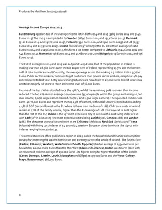 Produced by Matthew Scott 04/02/2016
8
Average income Europe 2014-2015
Luxembourg appears top of the average income list in both 2014 and 2015 (3189 Euros 2014 and 3149
Euros 2015) The top 5 is completed is by Sweden (2690 Euros 2014 and 2551 Euros 2015), Denmark
(3122 Euros 2014 and 2307 Euros 2015), Finland (2330 Euros 2014 and 2300 Euros 2015) and UK (2597
Euros 2014 and 2253 Euros 2015). Ireland features in 9th
amongst the EU 28 with an average of 2160
Euros in 2014 and 2129 Euros in 2015, this fares a lot better compared to Lithuania (524 Euros 2014 and
544 Euros 2015), Romania (398 Euros 2014 and 417 Euros 2015) and Bulgaria (333 Euros in 2014 and 356
Euros 2015).
The EU 28 average in 2014 and 2015 was 1489 and 1469 Euros, Half of the population in Ireland is
making less than 28,500 Euros (with the top 10 per cent of Ireland representing 23.5% and the bottom
10% of total capital earnest) Currently, the average wage across the working 1.9 million Irish is 35,600
Euros. Public sector workers continued to get paid more than private sector workers, despite a 14% pay
cut compared to last year. Entry salaries for graduates are now down to 22,000 Euros lowest since 2004
and takes roughly 18 years to reach an income level of 36,000 Euros.
Income of the top 1% has doubled since the 1980’s, whilst the remaining 90% has seen their income
reduced. The top 1% earn on average 200,000 euros (35,000 people within this group containing 10,000
dual income, 6,000 single earner married couples, and 2,500 single earners). The squeezed middle class
earnt 40-70,000 Euros and represent the top 25% of earners, with social security contributions adding
4.4% of GDP (second lowest in the EU where is there is an medium of 11%). Child care costs in Ireland
remain at 27% of the family income, higher than the EU average of 11% (costs overall is 20% higher
than the rest of the EU) Dublin is the 13th
most expensive city to live in with a cost living index of 210
with Cork 30th
in List at 173 (the most expensive cities being Zurich (300), Geneva (288) and London
(288)) The cheapest cities to live and work in are Chisinau (Moldova), Novi Sad (Serbia) and Tirana
(Albania) with living cost indexes of 53, 70 and 74.Western European cities dominate the top 50 with
indexes ranging from 300 to 131.
The central statistics office published a report in 2013, called the household and finance consumption
survey documenting the wealth distribution and earnings across the whole of Ireland. The South- East
(Carlow, Kilkenny, Wexford, Waterford and South Tipperary) had an average of 259,000 Euros per
household, 20,000 more Euros than the Mid-West (Clare and Limerick). Dublin was fourth place with
an household income average of 230,000 Euros , its figures being far higher than that of the Border
(Cavan, Donegal, Lietrim, Louth, Monaghan and Sligo) at 190,000 Euros and the West (Galway,
Mayo, Roscommon) 186,000 Euros.
 