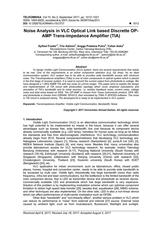 Noise Analysis in VLC Optical Link based Discrette OPAMP Trans