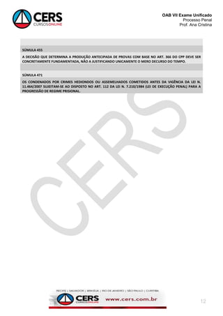 OAB VII Exame Unificado
Processo Penal
Prof. Ana Cristina

SÚMULA 455
A DECISÃO QUE DETERMINA A PRODUÇÃO ANTECIPADA DE PROVAS COM BASE NO ART. 366 DO CPP DEVE SER
CONCRETAMENTE FUNDAMENTADA, NÃO A JUSTIFICANDO UNICAMENTE O MERO DECURSO DO TEMPO.

SÚMULA 471
OS CONDENADOS POR CRIMES HEDIONDOS OU ASSEMELHADOS COMETIDOS ANTES DA VIGÊNCIA DA LEI N.
11.464/2007 SUJEITAM-SE AO DISPOSTO NO ART. 112 DA LEI N. 7.210/1984 (LEI DE EXECUÇÃO PENAL) PARA A
PROGRESSÃO DE REGIME PRISIONAL.

12

 