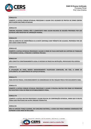 OAB VII Exame Unificado
Processo Penal
Prof. Ana Cristina

SÚMULA 53
COMPETE A JUSTIÇA COMUM ESTADUAL PROCESSAR E JULGAR CIVIL ACUSADO DE PRATICA DE CRIME CONTRA
INSTITUIÇÕES MILITARES ESTADUAIS.

SÚMULA 55
TRIBUNAL REGIONAL FEDERAL NÃO E COMPETENTE PARA JULGAR RECURSO DE DECISÃO PROFERIDA POR JUIZ
ESTADUAL NÃO INVESTIDO DE JURISDIÇÃO FEDERAL.

SÚMULA 59
NÃO HA CONFLITO DE COMPETÊNCIA SE JA EXISTE SENTENÇA COM TRÂNSITO EM JULGADO, PROFERIDA POR UM
DOS JUÍZOS CONFLITANTES.

SÚMULA 62
COMPETE A JUSTIÇA ESTADUAL PROCESSAR E JULGAR O CRIME DE FALSA ANOTAÇÃO NA CARTEIRA DE TRABALHO
E PREVIDENCIA SOCIAL, ATRIBUIDO A EMPRESA PRIVADA.

SÚMULA 64
NÃO CONSTITUI CONSTRANGIMENTO ILEGAL O EXCESSO DE PRAZO NA INSTRUÇÃO, PROVOCADO PELA DEFESA.

SÚMULA 73
A UTILIZAÇÃO DE PAPEL MOEDA GROSSEIRAMENTE FALSIFICADO CONFIGURA, EM TESE, O CRIME DE
ESTELIONATO, DA COMPETÊNCIA DA JUSTIÇA ESTADUAL.

SÚMULA 74
PARA EFEITOS PENAIS, O RECONHECIMENTO DA MENORIDADE DO REU REQUER PROVA POR DOCUMENTO HABIL.

SÚMULA 75
COMPETE A JUSTIÇA COMUM ESTADUAL PROCESSAR E JULGAR O POLICIAL MILITAR POR CRIME DE PROMOVER
OU FACILITAR A FUGA DE PRESO DE ESTABELECIMENTO PENAL.

SÚMULA 78
COMPETE A JUSTIÇA MILITAR PROCESSAR E JULGAR POLICIAL DE CORPORAÇÃO ESTADUAL, AINDA QUE O DELITO
TENHA SIDO PRATICADO EM OUTRA UNIDADE FEDERATIVA.

SÚMULA 81
NÃO SE CONCEDE FIANÇA QUANDO, EM CONCURSO MATERIAL, A SOMA DAS PENAS MINIMAS COMINADAS FOR
SUPERIOR A DOIS ANOS DE RECLUSÃO.

3

 