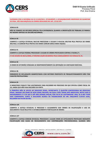 OAB VII Exame Unificado
Processo Penal
Prof. Ana Cristina

SUPERADA COM A REFORMA DA LEI 12.403/2011. ATUALMENTE, A AFIANÇABILIDADE INDEPENDE DO QUANTUM
DE PENA. SÃO INAFIANÇÁVEIS OS CRIMES INDICADOS NO ART. 23 DO CPP:

SÚMULA 83
NÃO SE CONHECE DO RECURSO ESPECIAL PELA DIVERGENCIA, QUANDO A ORIENTAÇÃO DO TRIBUNAL SE FIRMOU
NO MESMO SENTIDO DA DECISÃO RECORRIDA.

SÚMULA 90
COMPETE A JUSTIÇA ESTADUAL MILITAR PROCESSAR E JULGAR O POLICIAL MILITAR PELA PRATICA DO CRIME
MILITAR, E A COMUM PELA PRATICA DO CRIME COMUM SIMULTANEO AQUELE.

SÚMULA 91
COMPETE A JUSTIÇA FEDERAL PROCESSAR E JULGAR OS CRIMES PRATICADOS CONTRA A FAUNA.(*)
(*) NA SESSÃO DE 08/11/2000, A TERCEIRA SEÇÃO DELIBEROU PELO CANCELAMENTO DA SÚMULA N. 91.

SÚMULA 96
O CRIME DE EXTORSÃO CONSUMA-SE INDEPENDENTEMENTE DA OBTENÇÃO DA VANTAGEM INDEVIDA.

SÚMULA 98
EMBARGOS DE DECLARAÇÃO MANIFESTADOS COM NOTORIO PROPOSITO DE PREQUESTIONAMENTO NÃO TEM
CARATER PROTELATORIO.

SÚMULA 99
O MINISTERIO PUBLICO TEM LEGITIMIDADE PARA RECORRER NO PROCESSO EM QUE OFICIOU COMO FISCAL DA
LEI, AINDA QUE NÃO HAJA RECURSO DA PARTE.
A PRINCÍPIO NÃO SE APLICA AO PROCESSO PENAL, ENTRETANTO, É QUESTÃO CONTROVERSA NO PROCESSO
PENAL. IMAGINE UM CRIME DE AÇÃO PENAL PRIVADA, NO QUAL O RÉU TENHA SIDO ABSOLVIDO, NESTE CASO O
ENTENDIMENTO É O DE QUE O MP NÃO PODERÁ APELAR, POR FALTA DE LEGITIMIDADE. MAS, SE O RÉU TIVER
SIDO CONDENADO, SURGE A DISCUSSÃO ACERCA DA POSSIBILIDADE DO MP, ENQUANTO CUSTOS LEGIS,
RECORRER EM FAVOR DO RÉU.

SÚMULA 104
COMPETE A JUSTIÇA ESTADUAL O PROCESSO E JULGAMENTO DOS CRIMES DE FALSIFICAÇÃO E USO DE
DOCUMENTO FALSO RELATIVO A ESTABELECIMENTO PARTICULAR DE ENSINO.

SÚMULA 107
COMPETE A JUSTIÇA COMUM ESTADUAL PROCESSAR E JULGAR CRIME DE ESTELIONATO PRATICADO MEDIANTE
FALSIFICAÇÃO DAS GUIAS DE RECOLHIMENTO DAS CONTRIBUIÇÕES PREVIDENCIARIAS, QUANDO NÃO

4

 