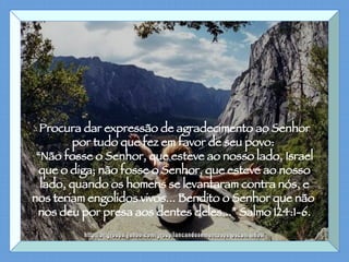 Procura dar expressão de agradecimento ao Senhor por tudo que fez em favor de seu povo:  “ Não fosse o Senhor, que esteve ao nosso lado, Israel que o diga; não fosse o Senhor, que esteve ao nosso lado, quando os homens se levantaram contra nós, e nos teriam engolidos vivos... Bendito o Senhor que não  nos deu por presa aos dentes deles...” Salmo 124:1-6. http://br.groups.yahoo.com/group/lancandosementespeloscaminhos/ 