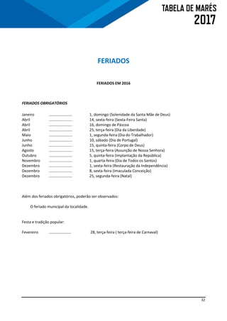 32
FERIADOS
FERIADOS EM 2016
FERIADOS OBRIGATÓRIOS
Janeiro ...................... 1, domingo (Solenidade da Santa Mãe de Deus)
Abril ...................... 14, sexta-feira (Sexta-Feira Santa)
Abril ...................... 16, domingo de Páscoa
Abril ...................... 25, terça-feira (Dia da Liberdade)
Maio ...................... 1, segunda-feira (Dia do Trabalhador)
Junho ...................... 10, sábado (Dia de Portugal)
Junho ...................... 15, quinta-feira (Corpo de Deus)
Agosto ...................... 15, terça-feira (Assunção de Nossa Senhora)
Outubro ...................... 5, quinta-feira (Implantação da República)
Novembro ...................... 1, quarta-feira (Dia de Todos os Santos)
Dezembro ...................... 1, sexta-feira (Restauração da Independência)
Dezembro ...................... 8, sexta-feira (Imaculada Conceição)
Dezembro ...................... 25, segunda-feira (Natal)
Além dos feriados obrigatórios, poderão ser observados:
O feriado municipal da localidade.
Festa e tradição popular:
Fevereiro ..................... 28, terça-feira ( terça-feira de Carnaval)
 
