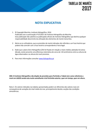 4
NOTA EXPLICATIVA
1. © Copyright Marinha, Instituto Hidrográfico, 2016
Publicado com a autorização nº 07/2017 do Instituto Hidrográfico da Marinha
Esta publicação não substitui as publicações oficiais do Instituto Hidrográfico que declina qualquer
responsabilidade decorrente da utilização dos elementos de marés transcritos.
2. Alerta-se os utilizadores, que as previsões de marés indicadas são referidas a um fuso horário que
poderá não coincidir com o fuso horário correspondente à hora legal.
3. Dado que o plano Zero Hidrográfico (ZH) foi fixado em relação a níveis médios adotados há várias
década, existe presente uma diferença sistemática de cerca de +10 centímetros entre as alturas de
água observadas e as alturas de maré previstas.
4. Para mais informações consultar www.hidrografico.pt
OBS: O Instituto Hidrográfico não dispõe de previsões para Portimão a Tabela tem como referência a
maré em LAGOS sendo esta muito semelhante à de Portimão exterior, quer em tempo, quer em altura.
Nota 1: Os valores indicados nas tabelas apresentadas podem ser diferentes dos valores reais em
consequência de variações do nível médio do mar, principalmente devido a acções das condições
atmosféricas.
 