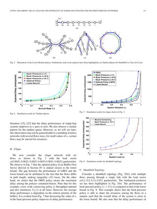 GUPTA AND SHROFF: DELAY ANALYSIS AND OPTIMALITY OF SCHEDULING POLICIES FOR MULTIHOP WIRELESS NETWORKS                                                         137




Fig. 5. Illustration of the Lower Bound analysis (bottlenecks used in the analysis have been highlighted) (a) Tandem Queue (b) Dumbbell (c) Tree (d) Cycle.




                                                                                 Fig. 7. Simulation results for clique shown in Fig. 3.
Fig. 6. Simulation results for Tandem Queue.



literature [15], [22] that the delay performance of single-hop
systems improves as goes to zero. We also observe a similar
pattern for the tandem queue. However, as we will see later,
this observation may not be generalizable to a multihop wireless
networks with several ﬂows since, for small values of , certain
ﬂows may be starved for resources.


B. Clique

   We now consider the clique network with six
ﬂows as shown in Fig. 3 with the load vector
                                                     packets/slot.               Fig. 8. Simulation results for dumbbell topology.
We observe in Fig. 7 that the optimal policy (Last Buffer First
Serve) derived in Section IV is indeed closest to the lower
bound. The gap between the performance of LBFS and the                           C. Dumbbell Topology
lower bound can be attributed to the fact that the ﬂows differ                      Consider a dumbbell topology [Fig. 5(b)] with multiple
in path length, making inequality (15) loose. On the other                       ﬂows passing through a single link with the load vector
hand, we notice that the FBFS policy incurs the maximum                                                packets/slot. The bottleneck-exclusive
delay among the policies simulated herein. Note that for this                    set has been highlighted in Fig. 5(b). The performance of
example, every work conserving policy is throughput-optimal                      back-pressure policy          is compared to that of the lower
and also minimizes           at all times. However, the average                  bound in Fig. 8. This example shows that the back-pressure
delay performance is dependent on the relative priority of the                   policy is able to share the resources among the ﬂows in a
buffers. It is evident from Fig. 7 that decreasing the value of                  manner such that the overall delay of the system is close to
in the back-pressure policy improves its delay performance.                      the lower bound. We also note that the delay performance of
 