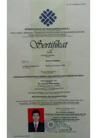 OHS Expert Certificate by  Kemenaker