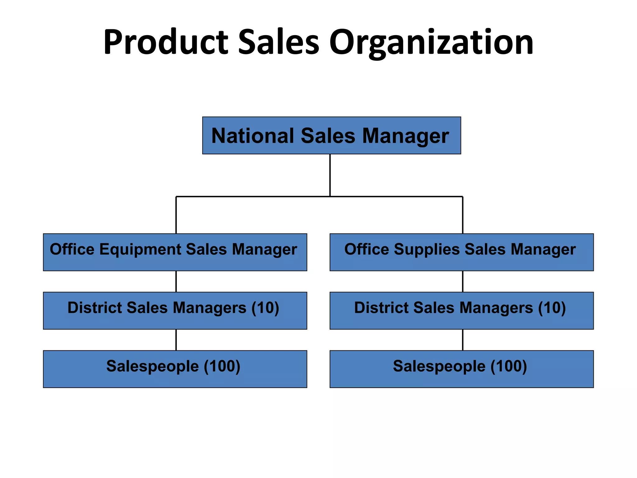 Product Sales Organization
National Sales Manager
Office Equipment Sales Manager Office Supplies Sales Manager
District Sales Managers (10)
Salespeople (100) Salespeople (100)
District Sales Managers (10)
 