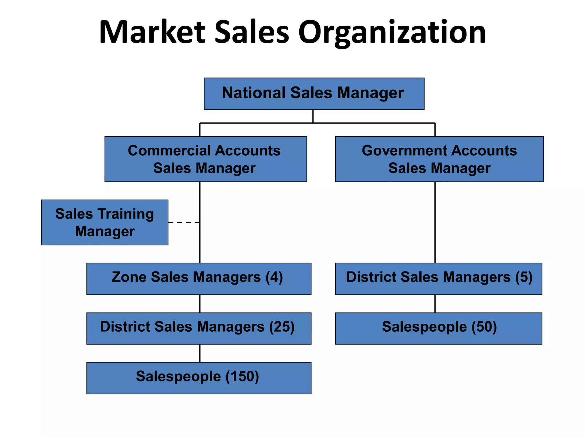 Market Sales Organization
National Sales Manager
Zone Sales Managers (4)
District Sales Managers (25)
Salespeople (150)
District Sales Managers (5)
Commercial Accounts
Sales Manager
Government Accounts
Sales Manager
Sales Training
Manager
Salespeople (50)
 