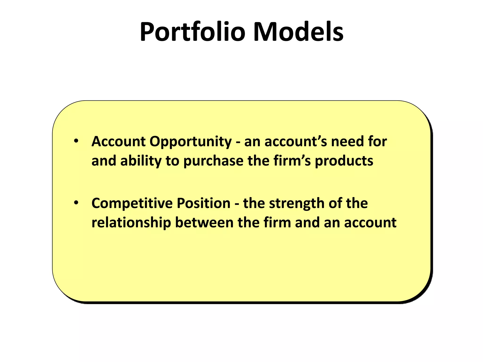 Portfolio Models
• Account Opportunity - an account’s need for
and ability to purchase the firm’s products
• Competitive Position - the strength of the
relationship between the firm and an account
 