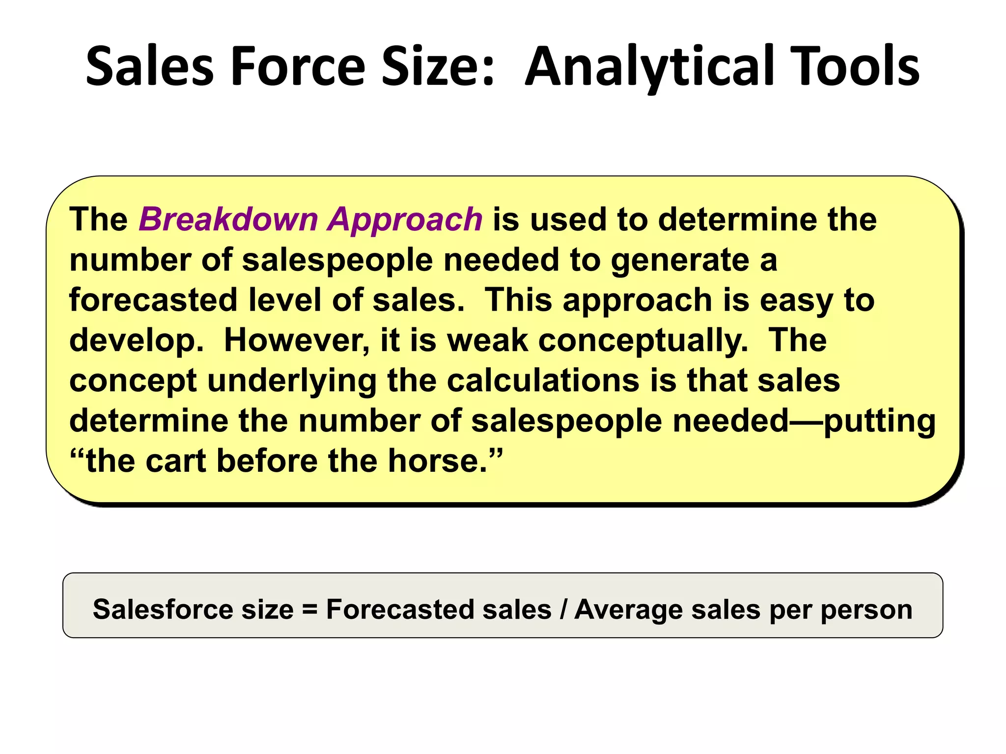 Sales Force Size: Analytical Tools
Salesforce size = Forecasted sales / Average sales per person
The Breakdown Approach is used to determine the
number of salespeople needed to generate a
forecasted level of sales. This approach is easy to
develop. However, it is weak conceptually. The
concept underlying the calculations is that sales
determine the number of salespeople needed—putting
“the cart before the horse.”
 