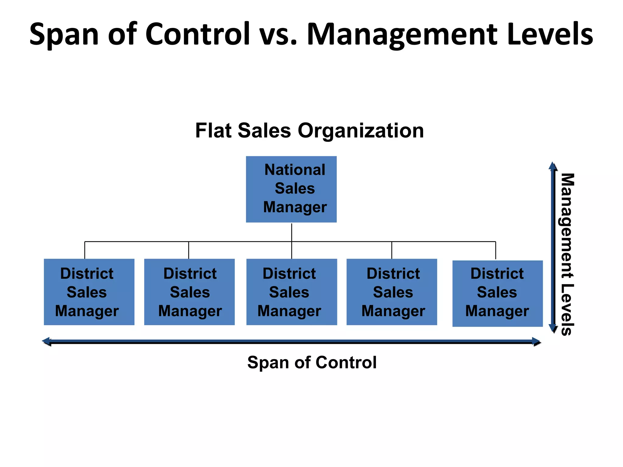 Flat Sales Organization
Span of Control
ManagementLevels
National
Sales
Manager
District
Sales
Manager
District
Sales
Manager
District
Sales
Manager
District
Sales
Manager
District
Sales
Manager
Span of Control vs. Management Levels
 