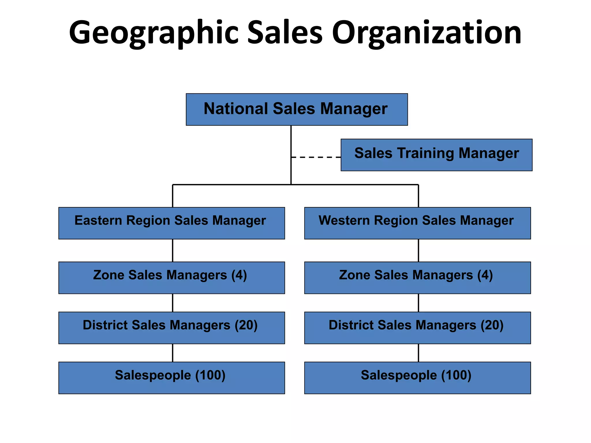 Geographic Sales Organization
National Sales Manager
Zone Sales Managers (4) Zone Sales Managers (4)
District Sales Managers (20)
Salespeople (100) Salespeople (100)
District Sales Managers (20)
Eastern Region Sales Manager Western Region Sales Manager
Sales Training Manager
 