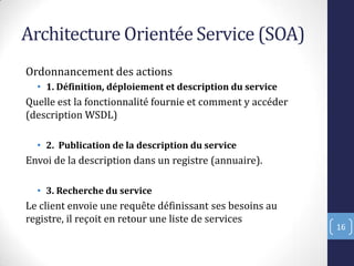 Architecture Orientée Service (SOA)
Ordonnancement des actions
• 1. Définition, déploiement et description du service
Quelle est la fonctionnalité fournie et comment y accéder
(description WSDL)
• 2. Publication de la description du service
Envoi de la description dans un registre (annuaire).
• 3. Recherche du service
Le client envoie une requête définissant ses besoins au
registre, il reçoit en retour une liste de services
16
 