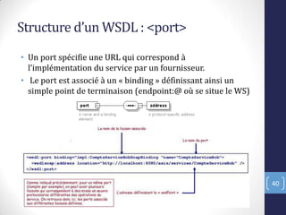 Structure d’un WSDL : <port>
• Un port spécifie une URL qui correspond à
l’implémentation du service par un fournisseur.
• Le port est associé à un « binding » définissant ainsi un
simple point de terminaison (endpoint:@ où se situe le WS)
40
 