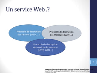 Un service Web .?
6
Protocole de description
des servi es WSDL,…
Protocole de description
des essages SOAP,…
Protocole de description
des services de transport
HTTP, SMTP,…
Les web services Ingénierie systèmes - Concevoir et utiliser des applications 2.0 C#,
Java, PHP, API JavaScript, Android SDK, iOS SDK., Jonathan Fontanel, Philippe
 