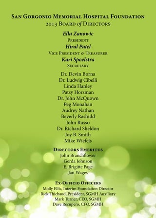 San Gorgonio Memorial Hospital Foundation
2013 Board of Directors
Ella Zanowic
President
Hiral Patel
Vice President & Treasurer
Kari Spoelstra
Secretary
Dr. Devin Borna
Dr. Ludwig Cibelli
Linda Hanley
Patsy Horsman
Dr. John McQuown
Peg Monahan
Audrey Nathan
Beverly Rashidd
John Russo
Dr. Richard Sheldon
Joy B. Smith
Mike Wiefels
Directors Emeritus
John Branchflower
Gerda Johnson
E. Brigitte Page
Jan Wages
Ex-Officio Officers
Molly Ellis, Interim Foundation Director
Rick Thiebaud, President, SGMH Auxiliary
Mark Turner, CEO, SGMH
Dave Recupero, CFO, SGMH
 