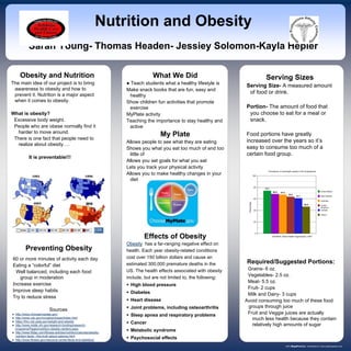 www.postersession.com
Nutrition and Obesity
Sarah Young- Thomas Headen- Jessiey Solomon-Kayla Hepler
Obesity and Nutrition
The main idea of our project is to bring
awareness to obesity and how to
prevent it. Nutrition is a major aspect
when it comes to obesity.
What is obesity?
Excessive body weight.
People who are obese normally find it
harder to move around.
There is one fact that people need to
realize about obesity….
It is preventable!!!
Preventing Obesity
60 or more minutes of activity each day
Eating a “colorful” diet
Well balanced, including each food
group in moderation
Increase exercise
Improve sleep habits
Try to reduce stress
What We Did
● Teach students what a healthy lifestyle is
Make snack books that are fun, easy and
healthy
Show children fun activities that promote
exercise
MyPlate activity
Teaching the importance to stay healthy and
active
My Plate
Allows people to see what they are eating
Shows you what you eat too much of and too
little of
Allows you set goals for what you eat
Lets you track your physical activity
Allows you to make healthy changes in your
diet
Serving Sizes
Serving Size- A measured amount
of food or drink.
Portion- The amount of food that
you choose to eat for a meal or
snack.
Food portions have greatly
increased over the years so it’s
easy to consume too much of a
certain food group.
Required/Suggested Portions:
Grains- 6 oz.
Vegetables- 2.5 oz.
Meat- 5.5 oz.
Fruit- 2 cups
Milk and Dairy- 3 cups
Avoid consuming too much of these food
groups through juice
Fruit and Veggie juices are actually
much less health because they contain
relatively high amounts of sugar
Effects of Obesity
Obesity has a far-ranging negative effect on
health. Each year obesity-related conditions
cost over 150 billion dollars and cause an
estimated 300,000 premature deaths in the
US. The health effects associated with obesity
include, but are not limited to, the following:
 High blood pressure
 Diabetes
 Heart disease
 Joint problems, including osteoarthritis
 Sleep apnea and respiratory problems
 Cancer
 Metabolic syndrome
 Psychosocial effects
Sources
● http://www.choosemyplate.gov/
● http://www.cdc.gov/nccdphp/dnpao/index.html
● https://fnic.nal.usda.gov/weight-and-obesity
● http://www.niddk.nih.gov/research-funding/research-
programs/Pages/nutrition-obesity-centers.aspx
● http://www.fitday.com/fitness-articles/nutrition/calories/obesity-
nutrition-facts---the-truth-about-calories.html
● http://www.fitness.gov/resource-center/facts-and-statistics/
 