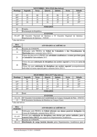 Anexo da Resolução nº 51/2013 - CONSEPE
NOVEMBRO / 2014 (22/62 dias letivos)
Domingo Segunda Terça Quarta Quinta Sexta Sábado
01*
02* 03 04 05 06 07 08
09* 10 11 12 13 14 15*
16* 17 18 19 20 21 22
23* 24 25 26 27 28 29*
30*
FERIADOS
02 Finados.
15 Proclamação da República.
EVENTOS
03 a 07 III Encontro Nacional de Química e IV Encontro Regional de Química –
Departamento de Química – FANAT.
* dias não letivos
DIA/
PERÍODO
ATIVIDADES ACADÊMICAS
05 Reunião do CONSEPE.
14
Publicação, pela PROEG, do Edital do Calendário e dos Procedimentos de
Matrículas para o semestre letivo 2015.1.
21
Último dia para envio à PROEG das atividades acadêmicas e eventos previstos para
o Calendário Universitário 2015.
28
Último dia para solicitação de disciplinas em caráter especial na forma de curso de
férias.
Último dia para solicitação de disciplinas em caráter especial (acompanhamento
individual ou turma especial) para o semestre letivo 2015.1.
DEZEMBRO/ 2014 (15/77 dias letivos)
Domingo Segunda Terça Quarta Quinta Sexta Sábado
01 02 03 04 05 06*
07* 08 09 10 11 12 13*
14* 15 16 17 18 19 20*
21* 22* 23* 24* 25* 26* 27*
28* 29* 30* 31*
FERIADOS
25 Natal
EVENTOS
12 a 14 10° Encontro Universitário de Contabilidade no Campus Avançado de Patu – ENCUC.
13 VIII Seminário Seridoense de Bioética no Campus Caicó.
* dias não letivos
DIA/
PERÍODO
ATIVIDADES ACADÊMICAS
01
Publicação, pela PROEG, do Edital referente aos alunos possíveis desligados dos
Cursos de Graduação, semestre letivo 2013.2.
01 a 03
Período para solicitação de disciplinas com ofertas por outras unidades, para o
semestre letivo 2015.1, aos respectivos Departamentos Acadêmicos.
03 Reunião do CONSEPE.
08 a 12 Distribuição de carga horária docente pelos Departamentos Acadêmicos para o
 