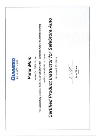 Gunnebo SSA advanced training certificate Peter Mom PLENUS