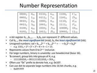 Number Representation
• n-bit register bn−1bn−2 . . . b1b0 can represent 2n different values.
• Call bn−1 the most significant bit (msb), b0 the least significant bit (lsb).
• Unsigned numbers: val = bn−12n−1 + bn−22n−2 + · · · + b121 + b020
– e.g. 11012 = 23 + 22 + 20 = 8 + 4 + 1 = 13.
• Represents values from 0 to 2n−1 inclusive.
• For large numbers, binary is unwieldy: use hexadecimal (base 16).
• To convert, group bits into groups of 4, e.g.
– 11111010102 = 0011|1110|10102 = 3EA16.
• Often use “0x” prefix to denote hex, e.g. 0x107.
• Can use dot to separate large numbers into 16-bit chunks, e.g.
– 0x3FF.FFFF
25
 