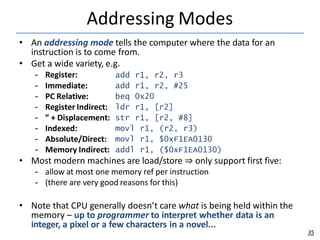 Addressing Modes
35
• An addressing mode tells the computer where the data for an
instruction is to come from.
• Get a wide variety, e.g.
– Register: add r1, r2, r3
– Immediate: add r1, r2, #25
– PC Relative: beq 0x20
– Register Indirect: ldr r1, [r2]
– ” + Displacement: str r1, [r2, #8]
– Indexed: movl r1, (r2, r3)
– Absolute/Direct: movl r1, $0xF1EA0130
– Memory Indirect: addl r1, ($0xF1EA0130)
• Most modern machines are load/store ⇒ only support first five:
– allow at most one memory ref per instruction
– (there are very good reasons for this)
• Note that CPU generally doesn’t care what is being held within the
memory – up to programmer to interpret whether data is an
integer, a pixel or a few characters in a novel...
 