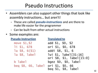 Pseudo Instructions
65
• Assemblers can also support other things that look like
assembly instructions… but aren’t!
– These are called pseudo-instructions and are there to
make life easier for the programmer
– Can be built from other actual instructions
• Some examples are:
Pseudo Instruction Translated to
move $1,$2 add $1, $0, $2
li $1, 678 ori $1, $0, 678
la $8, 6($1) addi $8, $1, 6
la $8, label lui $1, label[31:16]
ori $8, $1, label[15:0]
b label bgez $0, $0, label
beq $8, 66, label ori $1, $0, 66
beq $1, $8, label
 