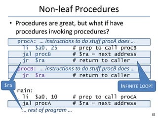 Non-leaf Procedures
• Procedures are great, but what if have
procedures invoking procedures?
procA: … instructions to do stuff procA does …
li $a0, 25 # prep to call procB
jal procB # $ra = next address
jr $ra # return to caller
procB: … instructions to do stuff procB does …
jr $ra # return to caller
main:
li $a0, 10
jal procA
# prep
# $ra = next address
… rest of program …
$
$r
ra
a INFINITE LOOP!
to call procA
81
 