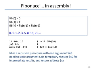 Fibonacci… in assembly!
84
fib(0) = 0
fib(1) = 1
fib(n) = fib(n-1) + fib(n-2)
0, 1, 1, 2, 3, 5, 8, 13, 21,…
li $a0, 10
jal...