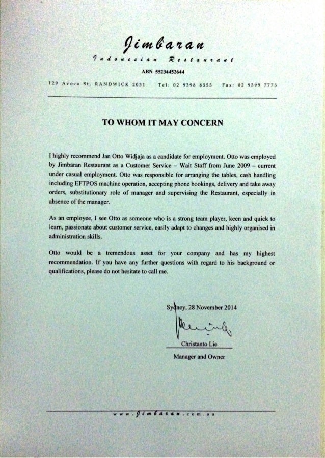jan otto widjaja recommendation letter from jimbaran restaurant