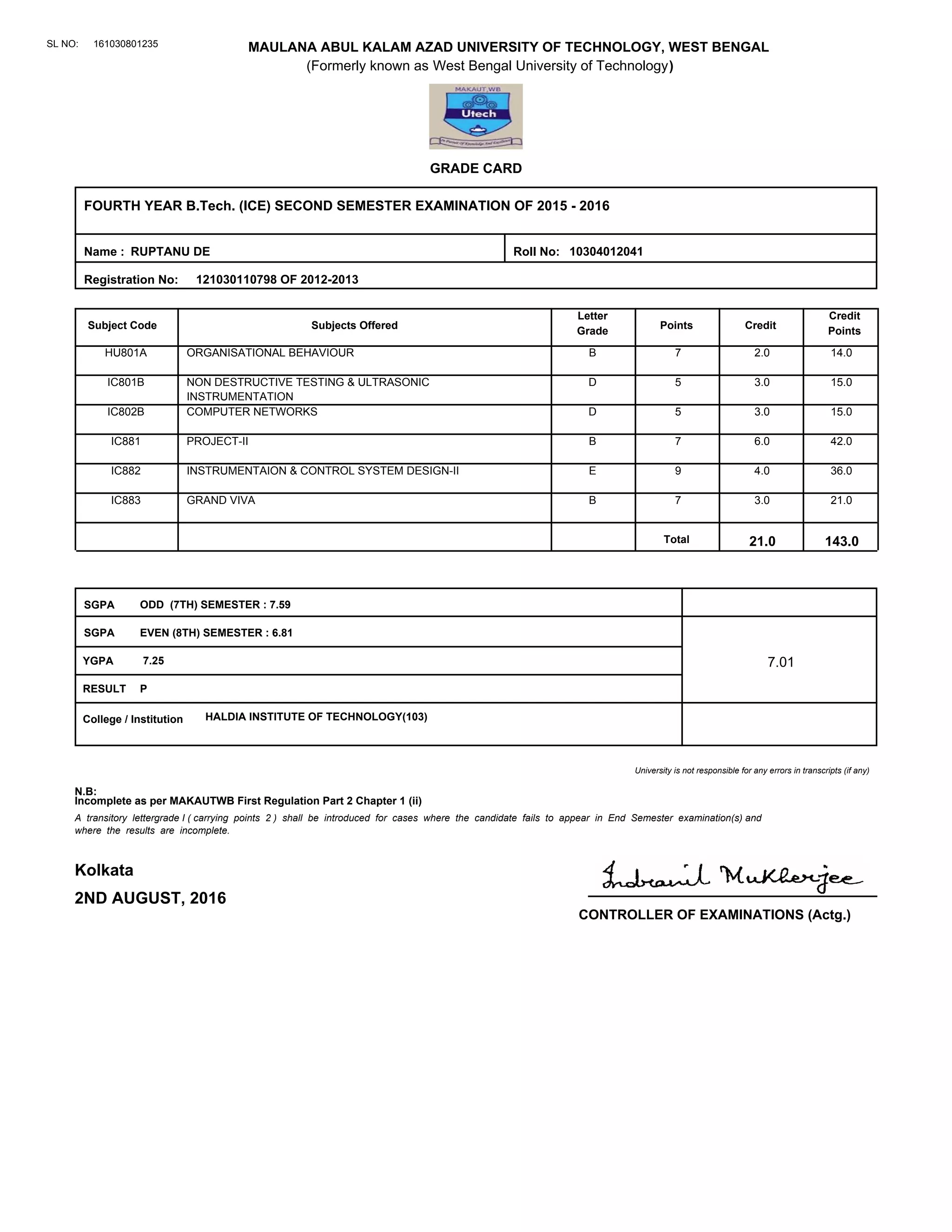 Semester Grade Inicator GradeCard_8Sem_121030110798_10304012041 | PDF