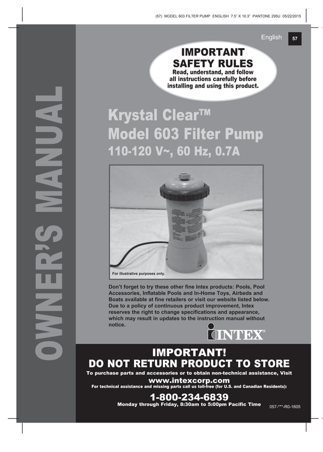 Kystal Clear Model 603 filter pump Manual for Intex Pools PDF