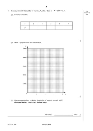 8
© UCLES 2008 0580/21/O/N/08
For
Examiner's
Use
16 In an experiment, the number of bacteria, N, after x days, is N = 1000 × 1.4x
.
(a) Complete the table.
x 0 1 2 3 4
N
[2]
(b) Draw a graph to show this information.
5000
4000
3000
2000
1000
0
1 2 3 4
N
x
[2]
(c) How many days does it take for the number of bacteria to reach 3000?
Give your answer correct to 1 decimal place.
Answer(c) days [1]
 