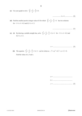 11
0580/42/O/N/19
© UCLES 2019 [Turn over
(c) Use your graph to solve
x
x x
2
1 2
0
2
2 G
+ - .
..................... x
G G .................... [2]
(d) Find the smallest positive integer value of k for which
x
x x
k
2
1 2
2
2
+ - = has two solutions
for .
x
3 0 3
G G
- - and . x
0 2 3
G G .
.................................................... [1]
(e) (i) By drawing a suitable straight line, solve
x
x x
x
2
1 2
3 1
2
2
+ - = + for .
x
3 0 3
G G
- - and
. x
0 2 3
G G .
x = ................................................... [3]
(ii) The equation
x
x x
x
2
1 2
3 1
2
2
+ - = + can be written as x ax bx cx 2 0
4 3 2
+ + + + = .
Find the values of a, b and c.
a = ...................................................
b = ...................................................
c = ................................................... [3]
 