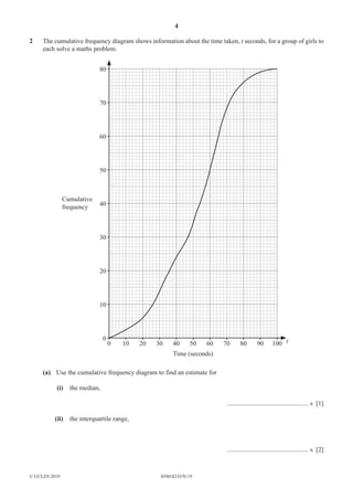 4
0580/42/O/N/19
© UCLES 2019
2 The cumulative frequency diagram shows information about the time taken, t seconds, for a group of girls to
each solve a maths problem.
0
0
10
20
30
40
Cumulative
frequency
50
60
70
80
10 20 30 40 50
Time (seconds)
60 70 80 90 100 t
(a) Use the cumulative frequency diagram to find an estimate for
(i) the median,
.................................................. s [1]
(ii) the interquartile range,
.................................................. s [2]
 