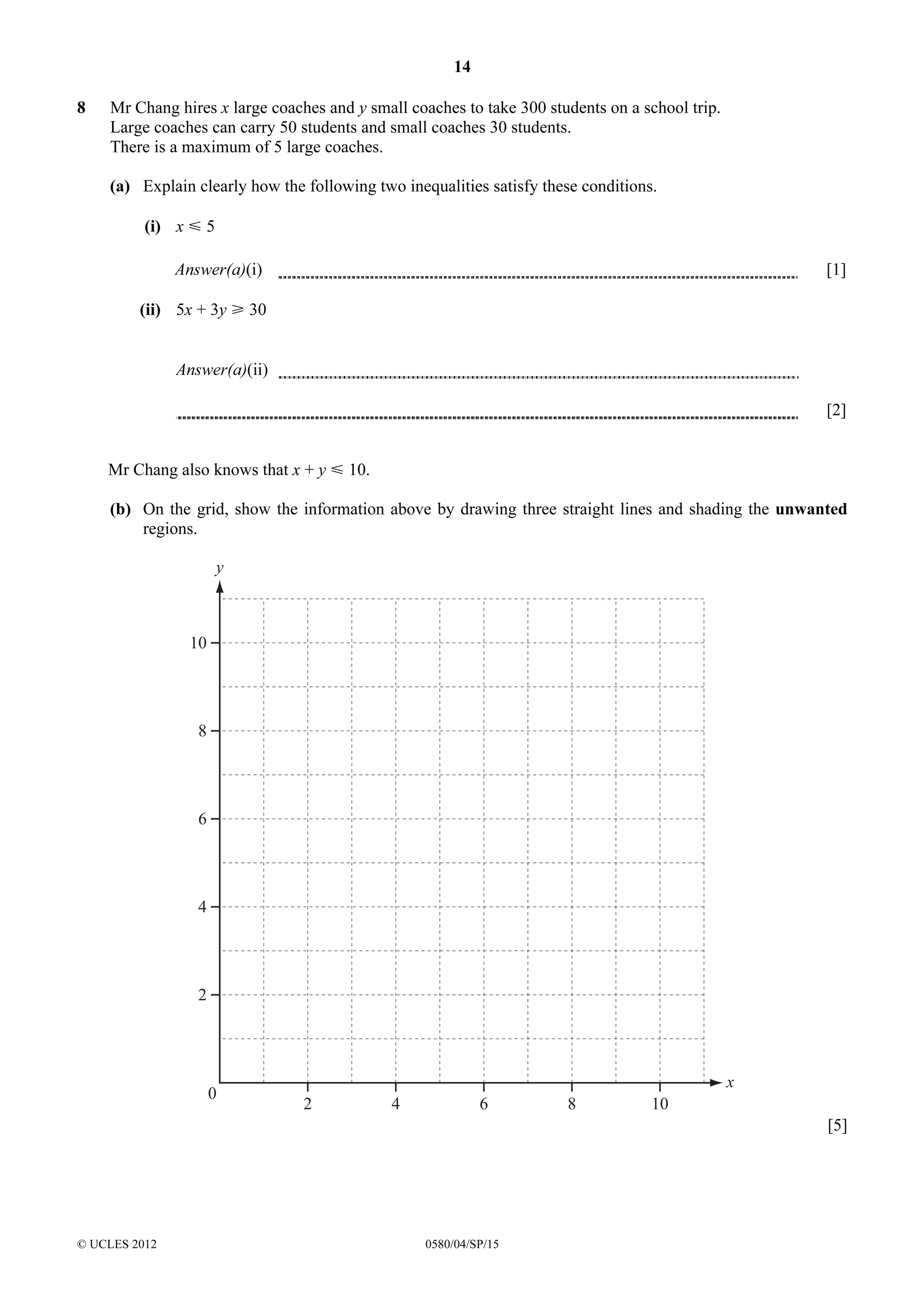 14
8

Mr Chang hires x large coaches and y small coaches to take 300 students on a school trip.
Large coaches can carry 50 students and small coaches 30 students.
There is a maximum of 5 large coaches.
(a) Explain clearly how the following two inequalities satisfy these conditions.
(i) x Y 5
Answer(a)(i)

[1]

(ii) 5x + 3y [ 30
Answer(a)(ii)
[2]
Mr Chang also knows that x + y Y 10.
(b) On the grid, show the information above by drawing three straight lines and shading the unwanted
regions.

y

10

8

6

4

2

0

2

4

6

8

10

x
[5]

© UCLES 2012

0580/04/SP/15

 
