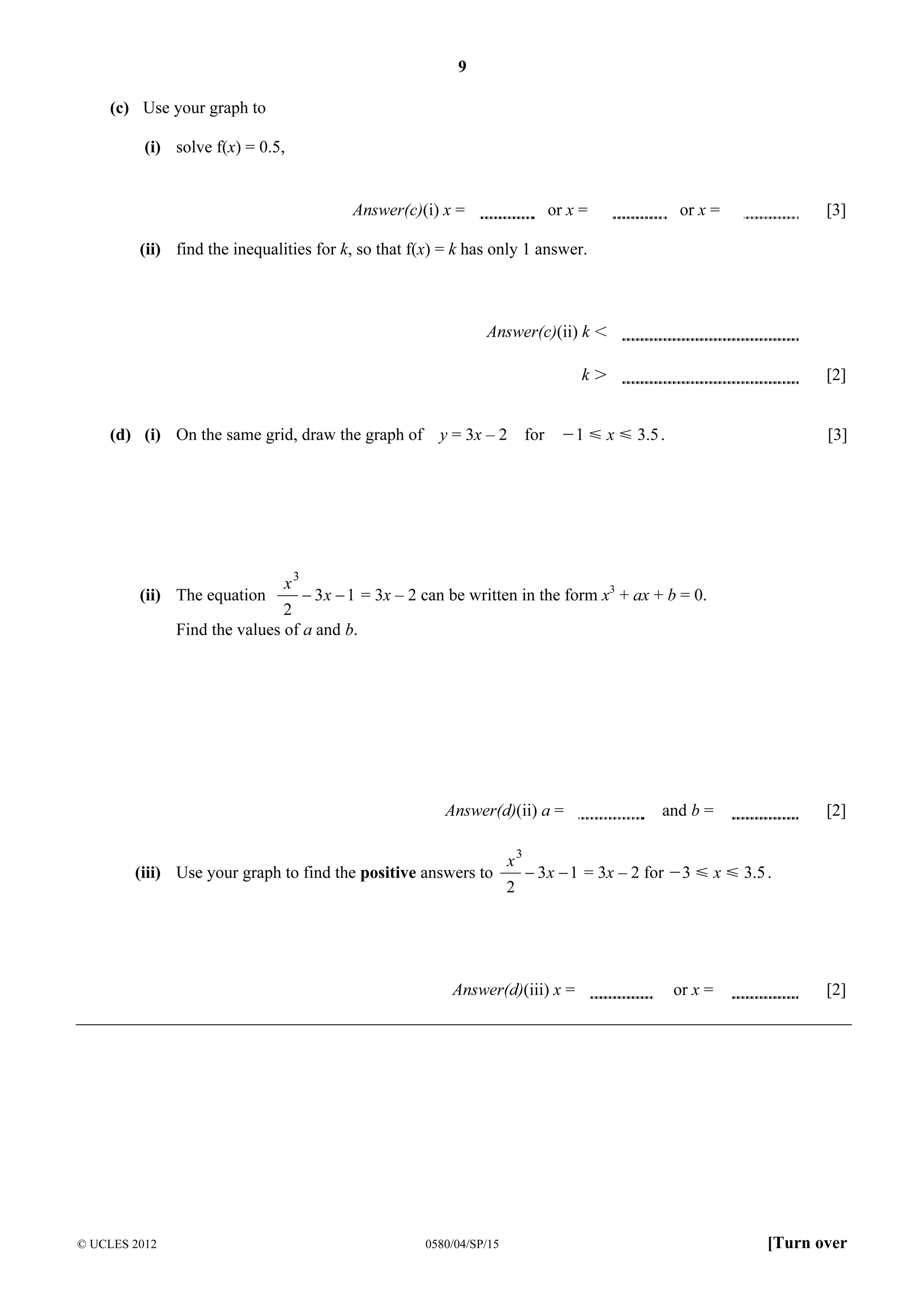 9
(c) Use your graph to
(i) solve f(x) = 0.5,

or x =

Answer(c)(i) x =

or x =

[3]

(ii) find the inequalities for k, so that f(x) = k has only 1 answer.

Answer(c)(ii) k I
kK
(d) (i) On the same grid, draw the graph of

y = 3x – 2

for

[2]

O1 Y x Y 3.5 .

[3]

x3

− 3 x − 1 = 3x – 2 can be written in the form x3 + ax + b = 0.
2
Find the values of a and b.

(ii) The equation

Answer(d)(ii) a =

(iii) Use your graph to find the positive answers to

x3
2

0580/04/SP/15

[2]

− 3 x − 1 = 3x – 2 for O3 Y x Y 3.5 .

Answer(d)(iii) x =

© UCLES 2012

and b =

or x =

[2]

[Turn over

 