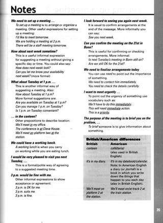 II
l
Notes
Weneedto setupameeting...
Tosetupameetingisto arrangeor organisea
meeting.Otherusefulexpressionsfor setting
upa meeting:
I'dliketomeettomorrow.
Weareholdinga meetingat2p.m.
Therewillbea staffmeetingtomorrow.
How ahoutnext week sometime?
Thisis a usefulinformalexpression
for suggestinga meetingwithoutgivinga
specificdayor time.Youcouldalsosay:
Howdoesnextweeklook?
Canyouletmeknowyouravailability
nextweek?(moreformal)
WhatahoutTuesdayat I p.n. ...
Thisis anotherinformalwayof
suggestinga meeting.Also:
HowaboutTuesdayat I p.m?
Moreformalsuggestionsare:
Areyouavailableon Tuesdayat I p.m?
CanyoumanageI p.m.onTuesday?
ls I p.m.on Tuesdayconvenient?
... inthe canteen?
Otherprepositionsto describelocation:
We'llmeetin myoffice.
Theconferenceis at CleveHouse.
We'llneet onplatformtwoatthe
station.
Wecould havea working lunch.
Aworkinglunchiswhenyoucarry
on workingwhileyouareeatinglunch.
I would he very pleasedto visityounext
Tuesday,...
Thisis a formal/politewayof agreeing
to a suggestedmeetingtime.
3p.m. would be fine with me.
Otherinformalexpressionsto show
acceptanceor agreement:
3p.m.is 0Kforme.
3p.m.suitsme.
3p.m.is fine.
I looklorwardto seeingyouagainnextweek.
It is usualto confirm arrangementsat the
end of the message.More informallyyou
can say:
Seeyou next week.
Canyouconfirmthemeetingonthe21stin
Bonn?
This is usefulfor confirmingor checking
arrangements.More informal:
ls nextTuesday'smeetingin Bonn stillon?
Are we still0K for the 2lst?
Weneedto finalisearnngementstoday,
Youcanuseneedtopointoutthe importance
of something.
Weneedto contacthimimnediately.
Youneedto checkthedetailscarefully.
I want to meeturgently...
Topointouttheurgencyof somethinguse
vocabularysuchas:
We'llhaveto do thisimmediately.
Thiswillneedimmediateaction.
Thisis aprioriU.
Thdparposeof themeetingis to hrief youon the
prohlem,...
Tobriefsomeoneisto giveinformationabout
something.
Bririrft/fncrican dilcrormr
B*tlah ::1:.,,[i16fl;6[ '
cantasn ,:'.:. ,gpt6(t@iql "'
;: (alsoueedin British
Engtish)
lft in mydiary. lfs in ny datebooAcabndar.
Note:InAmericanEnglish
a diary@r journallis a
bookin whichyou write
' downthethingsthat
happento you eachday
(alsoin BritishEnglish).
:",rrlffi$'}iigEg-,an''." 'Wa'l!neeton/attr:ack2 at
platrorn 2 at he train station.
the statian.
e
 