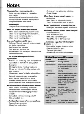 Notes
Pleasesendmea currentprice list,...
Somecommonphrasesfor requesting
information:
Canyou(please)sendusinformationabout...
Couldyou(please)senda listofyourproducts...
Canyoulet ushavemoredetails.
... somesamples.
Samplesareexamplesof products.
Thankyou for your interestin our products.
Otherresponsesto anenquiryor request:
Thankyouforrequestinginformationabout...
Thankyouforyourenquiryabout...
Thankyouforenquiringabout...
Youremail wasforwardedto me ...
Toforward(Iormal)meanstosendonot pass
on.Usefulexpressions:
I will passonyourmessage.
Yourletterwas sentontome.
Pleaseforwardthismessageto theappropriate
depaftment(tormal)
... we helievein huyinglrom Fairtrade
organisations.
Notethe useof the-ing form aftertobelieve
in, insiston,beinterestedin,to begoodat.
Examples:
Weinsistonbuyingfromlocalproducers.
Weareveryinterestedin doingbusinesswith
yourcompany.
Thecompanyisgoodat dealingwithproblems.
Fairtrade organisations areorganisations
whichliterally'tradefairly'by doing
businessdirectlywiththeproducersof
goods,especiallyfromdevelopingcountries.
Youwill find further inlormation on ou wehsite.
Otherphrasesfor referringto theweb:
Moredetailsareavailableonthewebsite.
Youcanfindoutmorebyloggingonto our
website.
Ourwebsiteaddressis wruw.zp.net.wld
Visitourwebsiteat ...
... I will sendyoua copyof ournew catalogue.
Respondingto a request:
l'll sendyouourbrochure.
l'llmakesureyoureceiveourcatalogue.
l'll postit today.
Manythanksforyourpromptresponse...
Alternatives:
Manythanksforyourquickresponse.
Thanksforgettingbackto mesoquickly.
Weare very interestedin orderingfromyou...
Noteagainthe useof -ingalterinterestedin.
WouldMay24thhe a suitahletime to visityou?
Somealternatives:
DoesThursdaysuityou?
Whatis the besttimeforyou?
WouldMay24thbe0K?(informal)
... I enclosea copyol our latestcompany
hrochure.
Someusefulphrasesfor covernotes:
I haveenclosedthereport.
Thereportis enclosed.
Herewiththeinformationyourequested.
Bririrh/laoricaa frwccr
Britirh American
postaladdress mailingaddress
enquiry/inquiryNote;enquiry/inqaryexists
inAmsricanEnglishbutis
notoftenused.
catalogue catalog
A conpliments Note:thisexpressionis not
stip ueedinAmericanEnglish;
omployeeeofrenhave
memopadsprintedwith
theirnamestFromthedesk
ofJaneDoe)to usefor
shonnotes.
I'll postittoday. l'll'wailittuday.
Vfsudfl4thMay WsutdMay24thbe0K?
be0K? (PronouncedMaytwenty-
(Pronounced fourthl
th€twenty-fourth
of May)
DoesThursday IsThursday0Kwiilryou?
suity.w,? {alsousodin BritishEnglish}
 