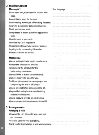 MakingGontact
Messages1
Ihaveseenyour-advertisementonyourweb
page.
Iwouldliketoapplyforthepost.
I amcurrentlyworkingasaMarketingAssistant.
IworkforapublishingcompanyinLondon.
Thankyouforyouremail.
I ampleasedtoattachouronlineapplication
form.
I lookforwardtoyourreply.
I enclosemyCVasrequested.
Pleaseletmeknowifyouhaveanyqueries.
I apologisefornotsendingthisearlier.
Pleasecallmeonmymobile.
Messages2
Wearewritingtoinviteyoutoaconference.
Pleasetakealookatourwebsite.
I amsendingthescheduleforthe
forthcomingconference.
Wewouldliketoattendtheconference.
Wehavereservedastandforyou.
Couldyoupleasesendusa$umgaryofyour
companybytheendofttteweek?
WeareanestablishedcompanyintheUK.
Weprovidetrainingforthemanufacturing
andserviceindustries.
Wearehappytoprovideon-sitetraining.
WecanprovidetrainingatvenuesintheUK.
Yourlanguage
3 Arrangements
Arrangingavisit
Wewouldbeverypleasedifyoucouldvisit
0urcompany.
Pleaseletusknowyouravailability.
Thankyoufortheinvitationtovisityourcompany.
 
