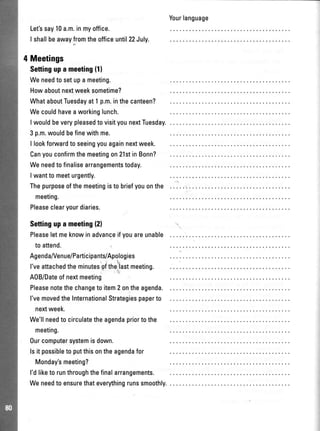 Let'ssay10a.m.inmyoffice.
I shallbeawayfromtheofficeuntil22July.
4 Meetings
Settingupameeting(11
Weneedtosetupameeting.
Howaboutnextweeksometime?
WhataboutTuesdayat1p.m.inthecanteen?
Wecouldhaveaworkinglunch.
IwouldbeverypleasedtovisityounextTuesday.
3p.m.wouldbefinewithme.
I lookforwardtoseeingyouagainnextweek.
Canyouconfirmthemeetingon2lstinBonn?
Weneedtofinalisearrangementstoday.
Iwanttomeeturgently.
Thepurposeofthemeetingistobriefyouonthe
meeting.
Pleaseclearyourdiaries.
Settingupa meeting{21
Pleaseletmeknowinadvanceifyouareunable
toattend.
Agenda/Venue/Participants/Apo,logies
l'veattachedtheminutesgfthelastmeeting.
A0B/Dateofnextmeeting
Pleasenotethechangetoitem2ontheagenda.
l'vemovedtheInternationalStrategiespaperto
nextweek.
We'llneedtocirculatetheagendapriortothe
meeting.
Ourcomputersystemisdown.
lsitpossibletoputthisontheagendafor
Monday'smeeting?
l'dliketorunthroughthefinalarrangements.
Weneedtoensurethateverythingrunssmoothly.
Yourlanguage
 
