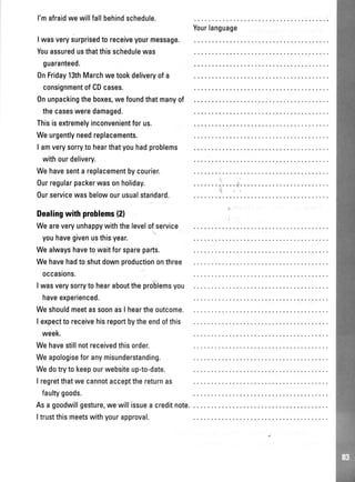 I'mafraidwewillfallbehindschedule.
Iwasverysurprisedtoreceiveyourmessage.
Youassuredusthatthisschedulewas
guaranteed.
0nFriday13thMarchwetookdeliveryofa
consignmentofCDcases.
0nunpackingtheboxes,wefoundthatmanyof
thecasesweredamaged.
Thisisextremelyinconvenientforus.
Weurgentlyneedreplacements.
I amverysorrytohearthatyouhadproblems
withourdelivery.
Wehavesentareplacementbycourier.
Ourregularpackerwasonholiday.
Ourservicewasbelowourusualstandard.
Dealingwithproblems(21
Weareveryunhappywiththelevelofservice
youhavegivenusthisyear.
Wealwayshavetowaitforspareparts.
Wehavehadtoshutdownproductiononthree
occasions.
Iwasverysorrytohearabouttheproblemsyou
haveexperienced.
WeshouldmeetassoonasI heartheoutcome.
I expecttoreceivehisreportbytheendofthis
week.
Wehavestillnotreceivedthisorder.
Weapologiseforanymisunderstanding.
Wedotrytokeepourwebsiteup-to-date.
I regretthatwecannotacceptthereturnas
faultygoods.
Asagoodwillgesture,wewillissueacreditnote.
Itrustthismeetswithyourapproval.
Yourlanguage
 