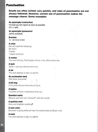 Punctuation
Emails are often written very quickly, and rules of punctuation are not
always follo{red. However, corect use of punctuation makes the
message clearer. Some examples:
Anapostrophe(contractionI
l'llsendyouthereportassoonaspossible.
11'11=twill)
Anapostrophe(possessive)
John'sschedule.
Brackets
Tel:{01423}187900
A colon
Wewillneedthefollowing:
50chairs
5desks
1digitalproiector
A comma
Thenewdirector,FredCuplet,willbeintheofficet0m0rrow.
A dash
Saleh- canyoucallmetomorrow.
A dot
Thewebaddressisefpc.co.u(info
Anexclamationmark
Welldoneeveryone!
A fullstop
l'lltryandcallyout0m0rrowat3 p.m.
A hyphen
l'dpreferto havea right-handdrivecar.
0uotationmarks
Mayumisaidshewas"pleased"withtheresults.
A questionmark
Haveweforgottenanything?
A semi-colon
Businessisgoingwell;we haveincreasedsalesby20percent.
A slash
Thewebaddressisefpc.co.uldinfo
 