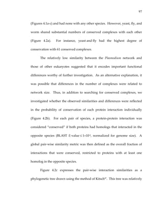 97
(Figures 4.1a‐c) and had none with any other species.  However, yeast, fly, and 
worm  shared  substantial  numbers  of  conserved  complexes  with  each  other 
(Figure  4.2a).    For  instance,  yeast and fly  had  the  highest  degree  of 
conservation with 61 conserved complexes. 
The  relatively  low  similarity  between  the  Plasmodium  network  and 
those  of  other  eukaryotes  suggested  that  it  encodes  important  functional 
differences worthy of further investigation.  As an alternative explanation, it 
was  possible  that  differences  in  the  number  of  complexes  were  related  to 
network  size.    Thus,  in  addition  to  searching  for  conserved  complexes,  we 
investigated whether the observed similarities and differences were reflected 
in  the  probability  of  conservation  of  each  protein  interaction  individually 
(Figure  4.2b).    For  each  pair  of  species,  a  protein‐protein  interaction  was 
considered “conserved” if both proteins had homologs that interacted in the 
opposite  species  (BLAST  E‐value ≤ 1×10‐4,  normalized  for  genome  size).    A 
global pair‐wise similarity metric was then defined as the overall fraction of 
interactions  that  were  conserved,  restricted  to  proteins  with  at  least  one 
homolog in the opposite species. 
Figure  4.2c  expresses  the  pair‐wise  interaction  similarities  as  a 
phylogenetic tree drawn using the method of Kitsch97.  This tree was relatively 
 